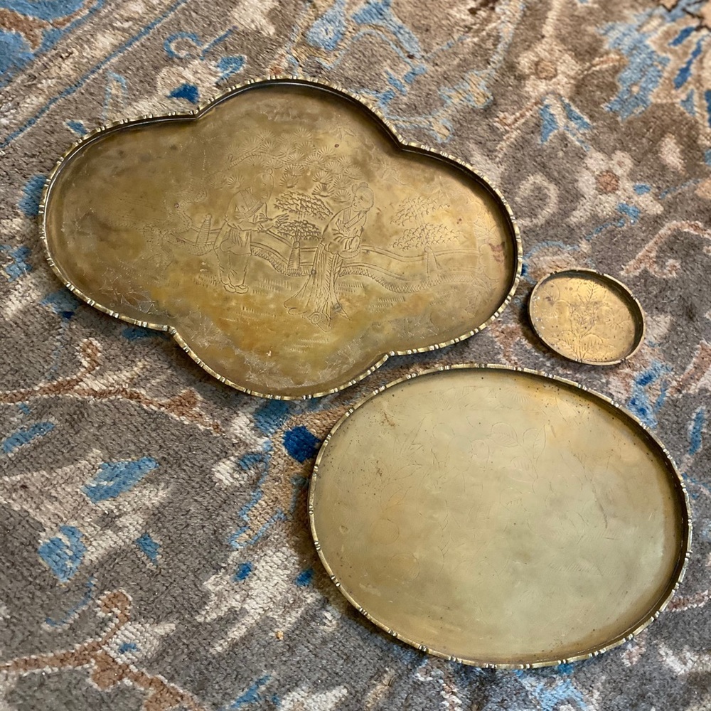 Vintage Brass Bamboo Tray Trio set of 3 embossed